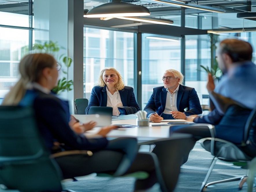 Leadership team in modern meeting space demonstrating visible engagement and support